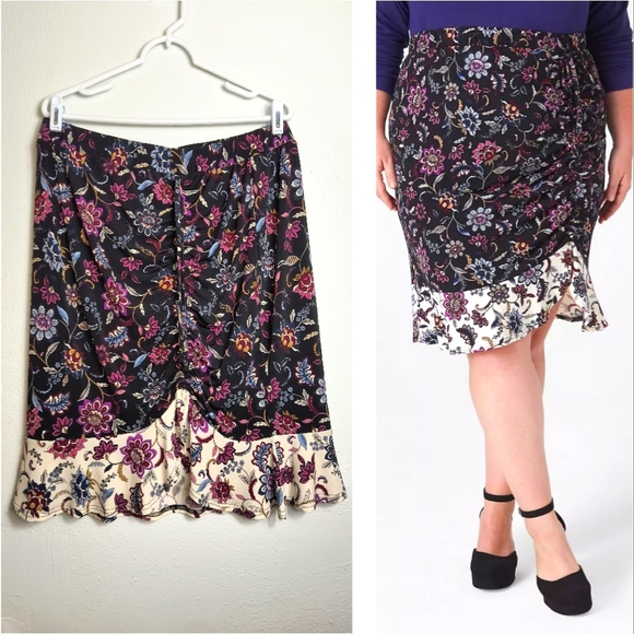 Lane Bryant Floral Ruffle Skirt Women's Size 14/16 Black Boho - Picture 1 of 10